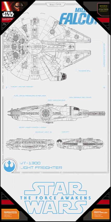 SW Episode 7 poster en verre 60x30cm Millenium Falcon Blueprint