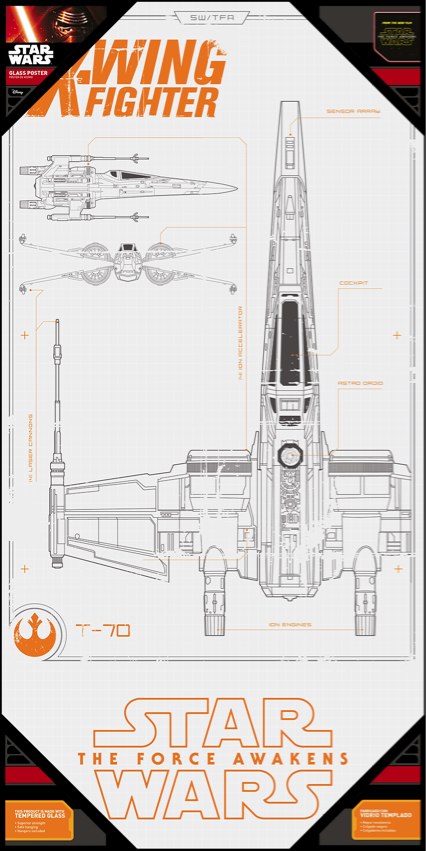 SW Episode 7 poster en verre 60x30cm X-Wing Blueprint